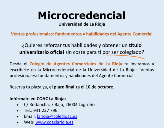 Microcredencial de la Universidad de La Rioja: “Ventas profesionales: fundamentos y habilidades del Agente Comercial”.